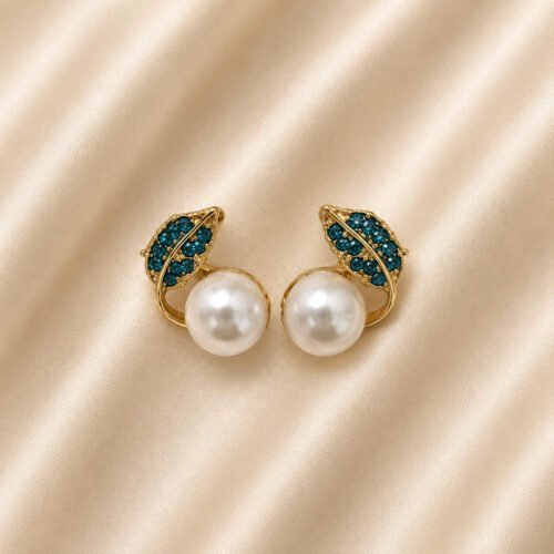 Elegant Pearl Leaf Design Earrings for Women – Gold Tone Crystal Stud Earrings