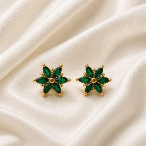 Elegant Green Crystal Flower Stud Earrings for Women – Gold Tone Floral Earrings