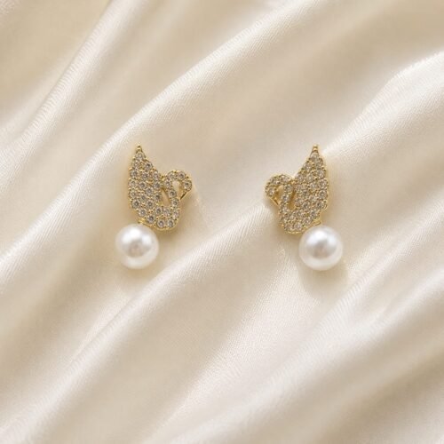 Gold Plated Swan Pearl Earrings for Women | Elegant Crystal Stud Earrings