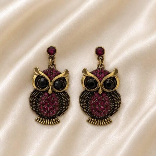 Vintage Owl Earrings for Women – Antique Gold Plated Rhinestone Drop Earrings