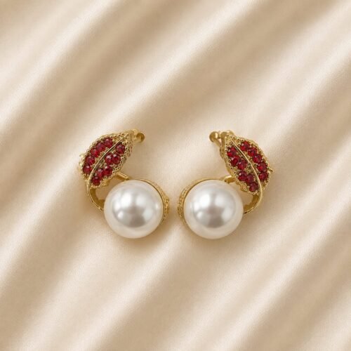 Elegant Pearl & Red Crystal Gold-Plated Earrings for Women – Stylish Party & Wedding Jewelry